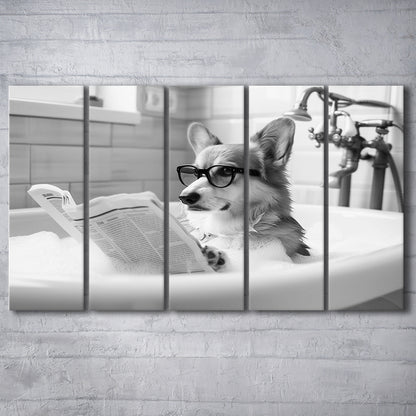 Corgi in Bathtub 5 Panels Canvas Print Wall Art, Dog Reading Newspaper in Bubble Bath Black and White, Bathroom Wall Decor