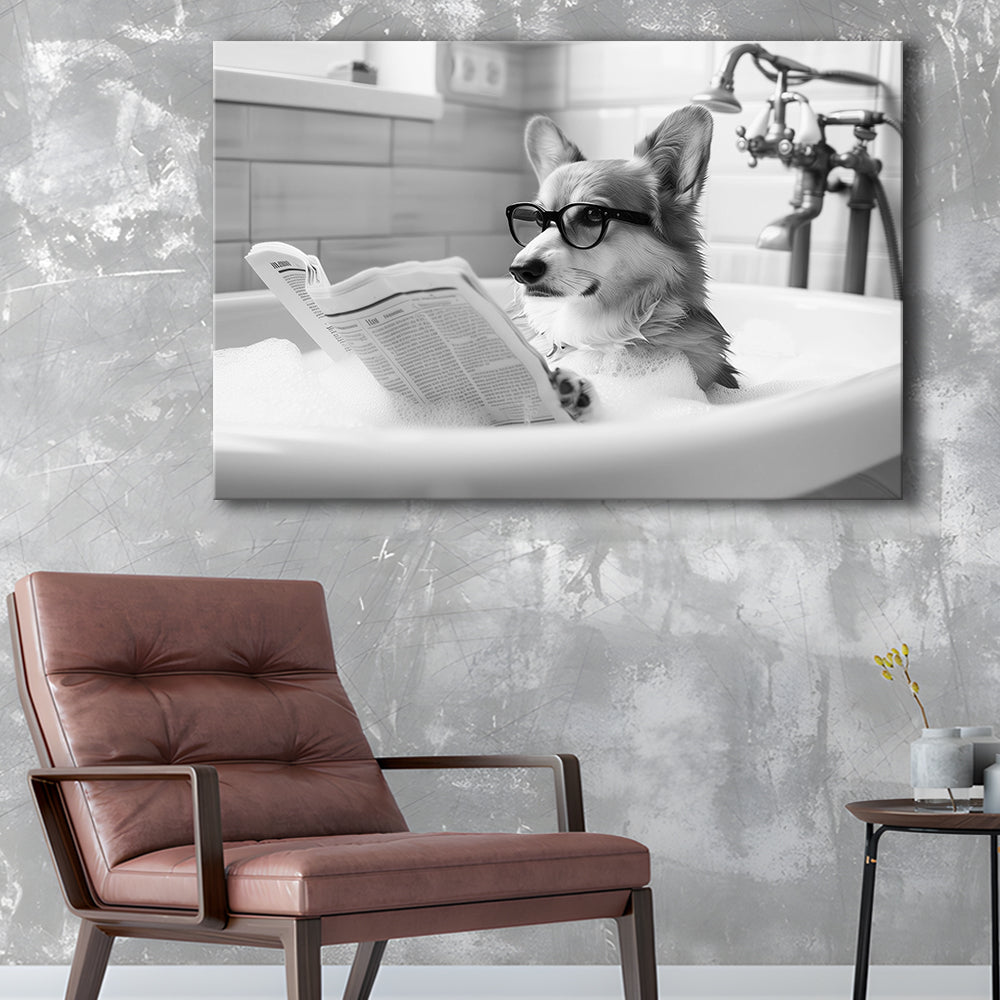 Corgi in Bathtub Canvas Print Wall Art, Dog Reading Newspaper in Bubble Bath Black and White, Bathroom Wall Decor
