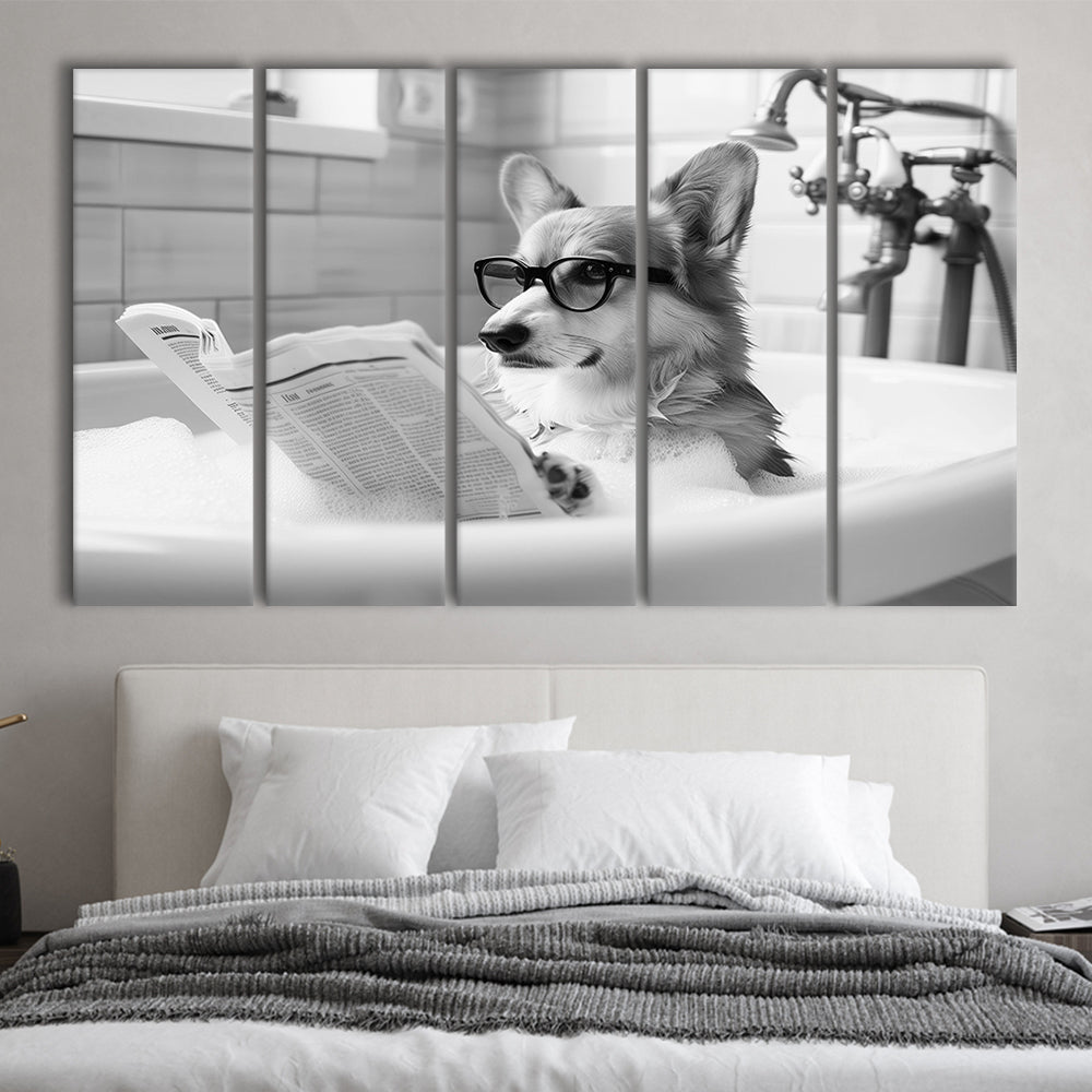 Corgi in Bathtub 5 Panels Canvas Print Wall Art, Dog Reading Newspaper in Bubble Bath Black and White, Bathroom Wall Decor