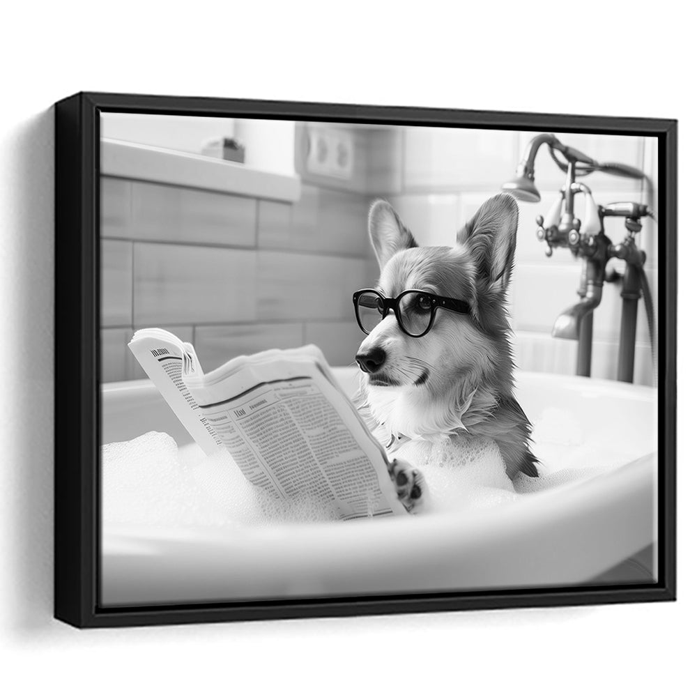 Corgi in Bathtub Framed Canvas Print Wall Art, Dog Reading Newspaper in Bubble Bath Black and White, Bathroom Wall Decor