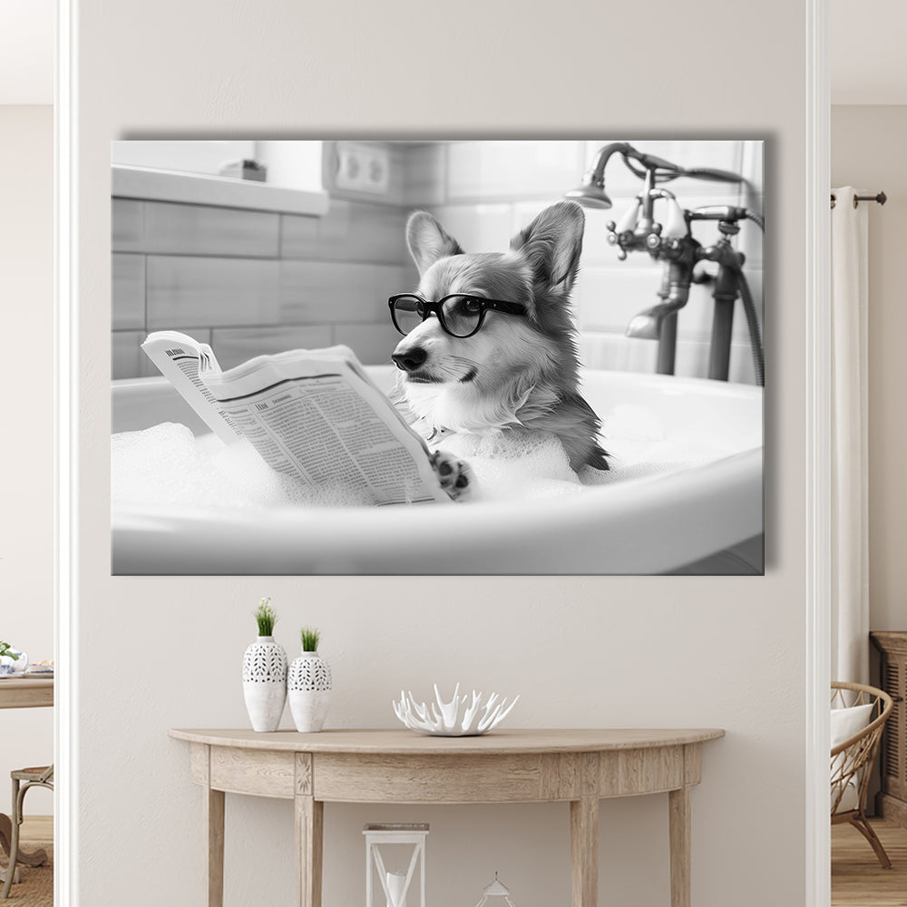 Corgi in Bathtub Canvas Print Wall Art, Dog Reading Newspaper in Bubble Bath Black and White, Bathroom Wall Decor