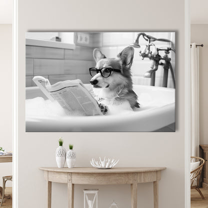 Corgi in Bathtub Canvas Print Wall Art, Dog Reading Newspaper in Bubble Bath Black and White, Bathroom Wall Decor