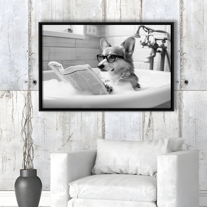 Corgi in Bathtub Framed Canvas Print Wall Art, Dog Reading Newspaper in Bubble Bath Black and White, Bathroom Wall Decor