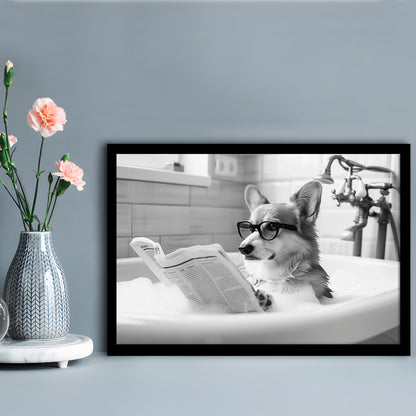 Corgi in Bathtub Framed Art Print Wall Decor, Dog Reading Newspaper in Bubble Bath Black and White, Bathroom Wall Decor