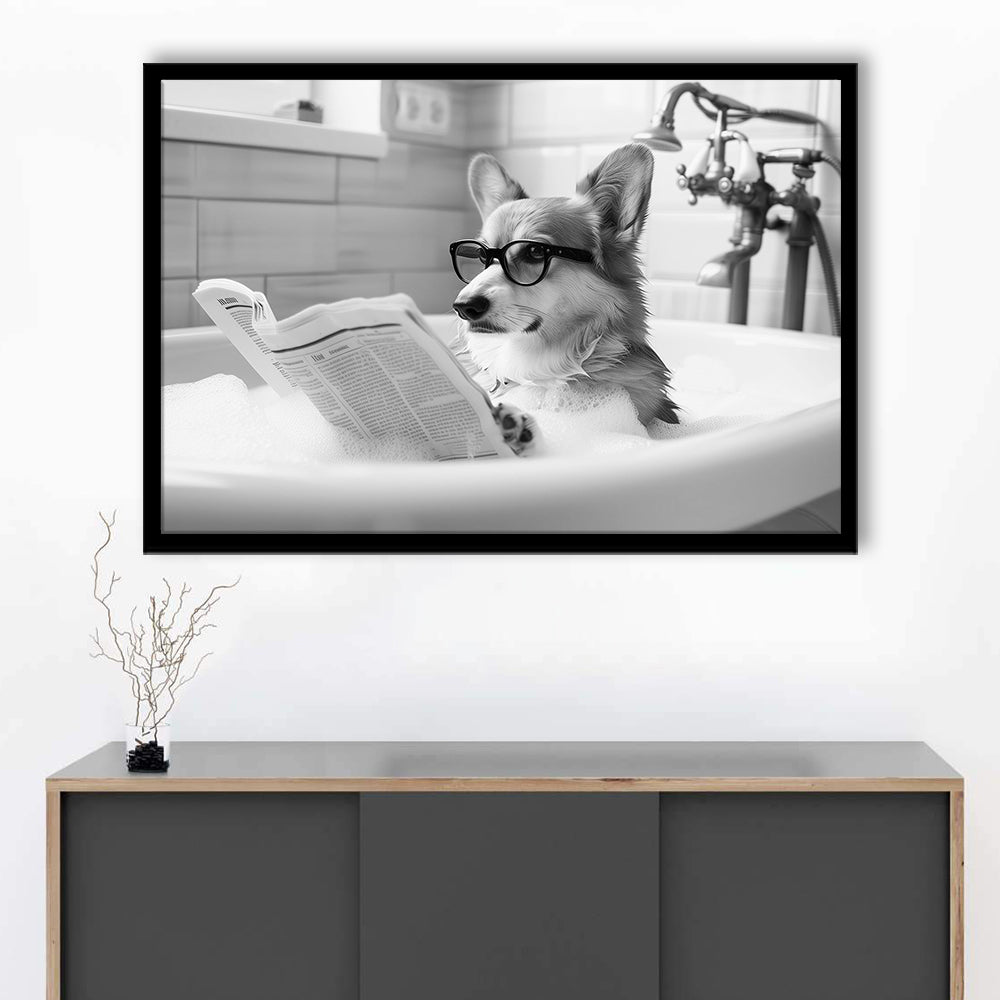 Corgi in Bathtub Framed Art Print Wall Decor, Dog Reading Newspaper in Bubble Bath Black and White, Bathroom Wall Decor