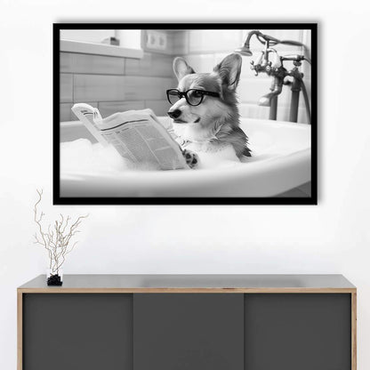 Corgi in Bathtub Framed Art Print Wall Decor, Dog Reading Newspaper in Bubble Bath Black and White, Bathroom Wall Decor