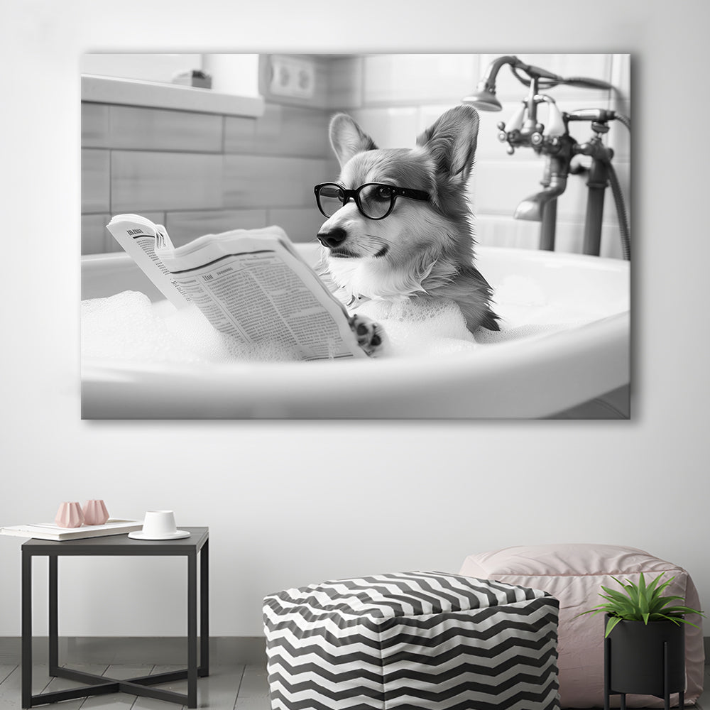 Corgi in Bathtub Canvas Print Wall Art, Dog Reading Newspaper in Bubble Bath Black and White, Bathroom Wall Decor