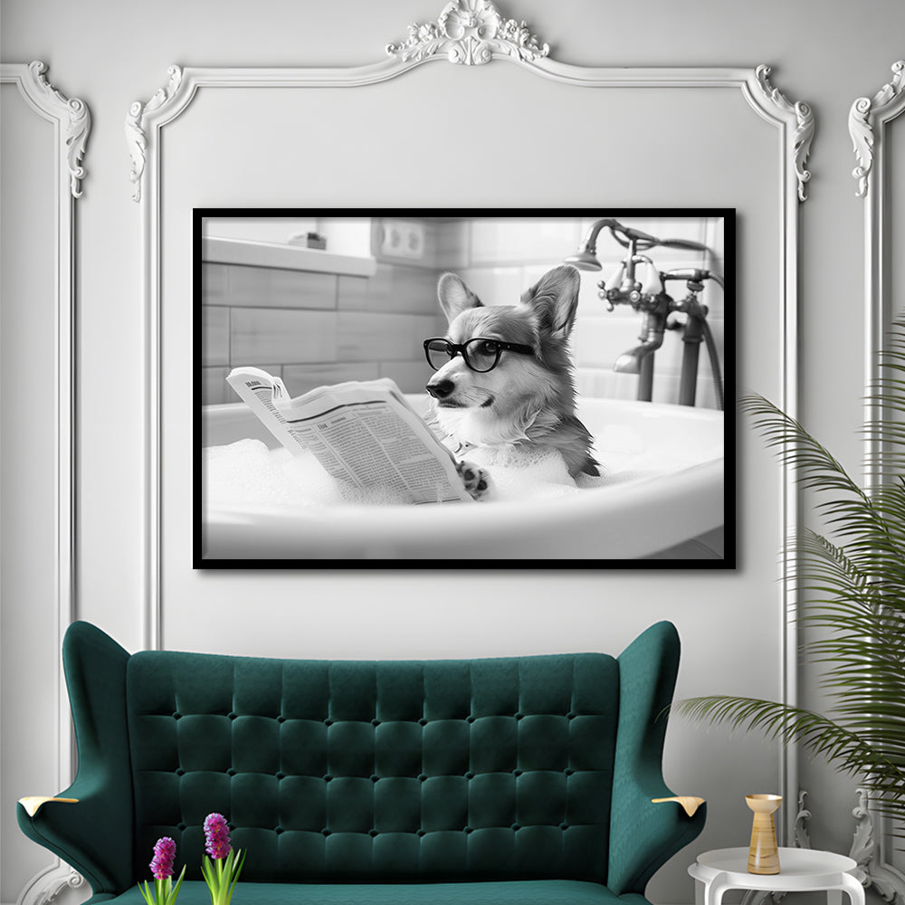 Corgi in Bathtub Framed Art Print Wall Decor, Dog Reading Newspaper in Bubble Bath Black and White, Bathroom Wall Decor