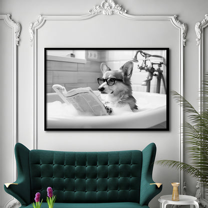 Corgi in Bathtub Framed Art Print Wall Decor, Dog Reading Newspaper in Bubble Bath Black and White, Bathroom Wall Decor
