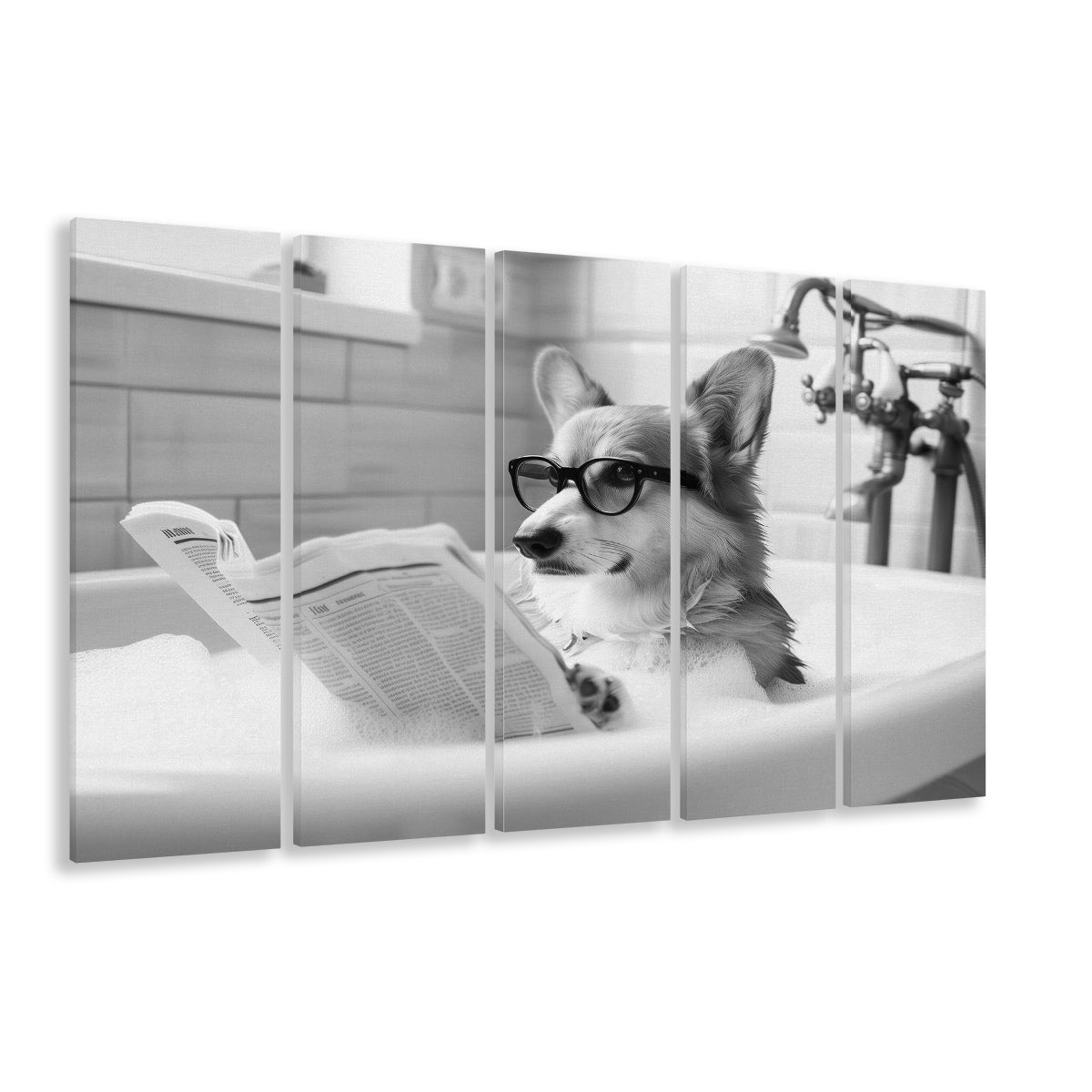 Corgi in Bathtub 5 Panels Canvas Print Wall Art, Dog Reading Newspaper in Bubble Bath Black and White, Bathroom Wall Decor