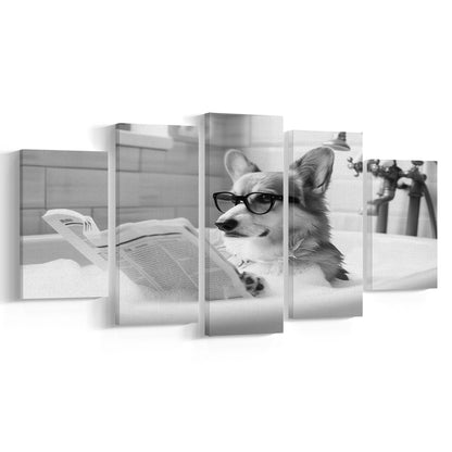 Corgi in Bathtub Mixed Canvas Print Wall Art, Dog Reading Newspaper in Bubble Bath Black and White, Bathroom Wall Decor