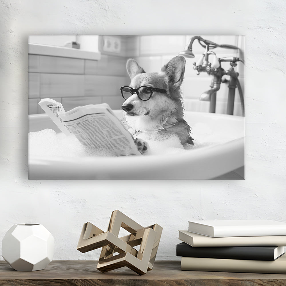 Corgi in Bathtub Canvas Print Wall Art, Dog Reading Newspaper in Bubble Bath Black and White, Bathroom Wall Decor