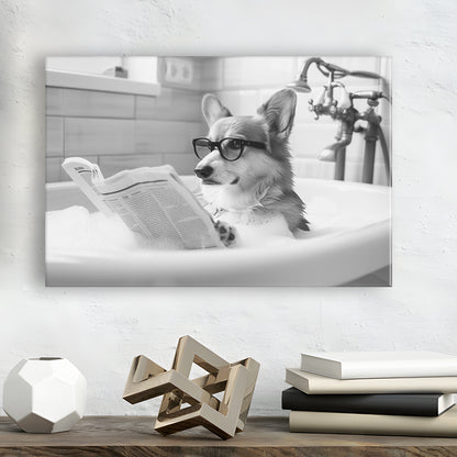 Corgi in Bathtub Canvas Print Wall Art, Dog Reading Newspaper in Bubble Bath Black and White, Bathroom Wall Decor