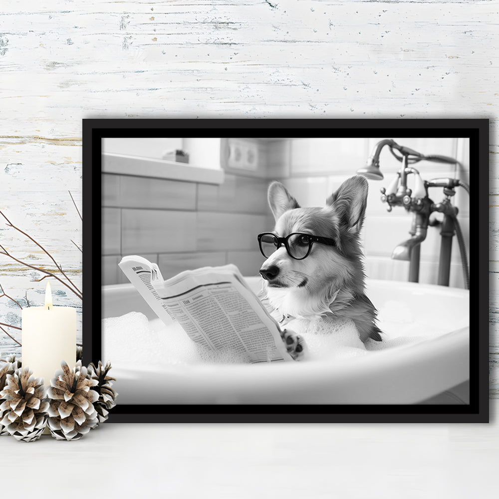 Corgi in Bathtub Framed Canvas Print Wall Art, Dog Reading Newspaper in Bubble Bath Black and White, Bathroom Wall Decor