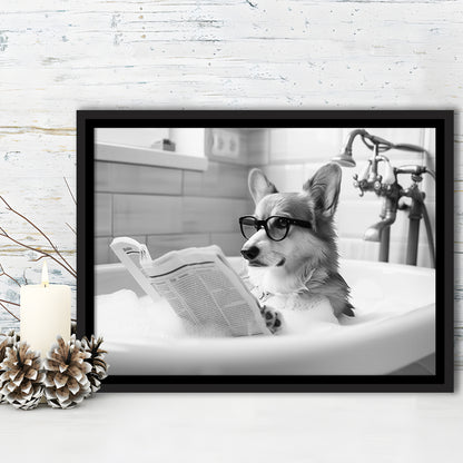 Corgi in Bathtub Framed Canvas Print Wall Art, Dog Reading Newspaper in Bubble Bath Black and White, Bathroom Wall Decor
