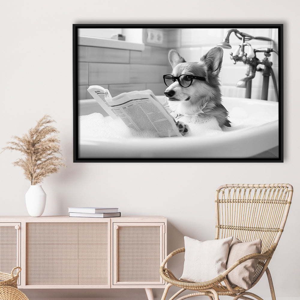 Corgi in Bathtub Framed Canvas Print Wall Art, Dog Reading Newspaper in Bubble Bath Black and White, Bathroom Wall Decor