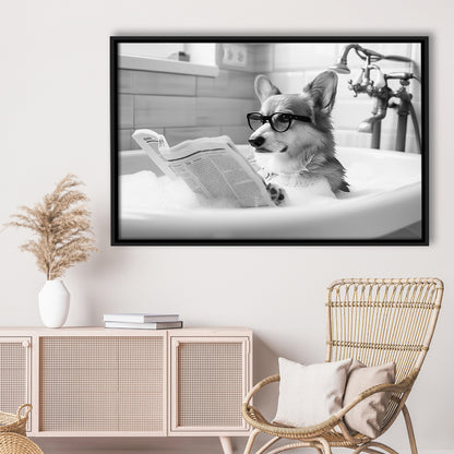 Corgi in Bathtub Framed Canvas Print Wall Art, Dog Reading Newspaper in Bubble Bath Black and White, Bathroom Wall Decor