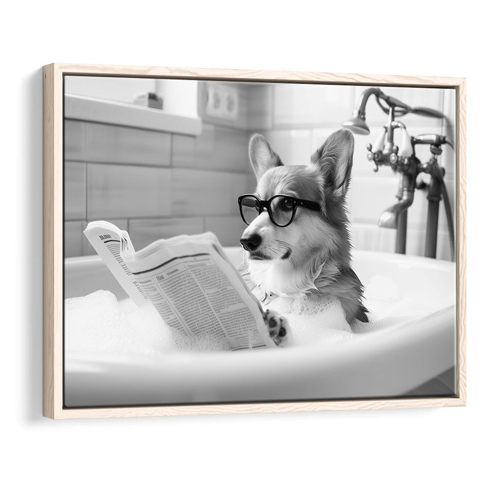 Corgi in Bathtub Framed Canvas Print Wall Art, Dog Reading Newspaper in Bubble Bath Black and White, Bathroom Wall Decor