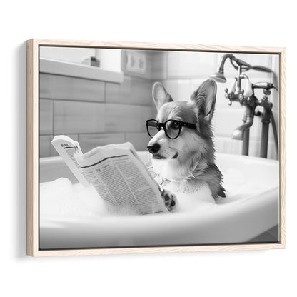 Corgi in Bathtub Framed Canvas Print Wall Art, Dog Reading Newspaper in Bubble Bath Black and White, Bathroom Wall Decor