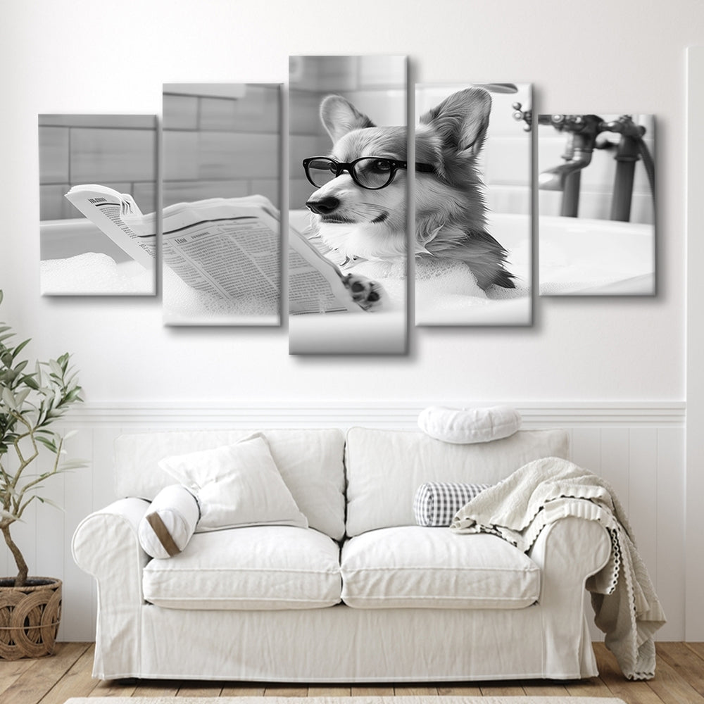 Corgi in Bathtub Mixed Canvas Print Wall Art, Dog Reading Newspaper in Bubble Bath Black and White, Bathroom Wall Decor