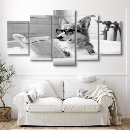 Corgi in Bathtub Mixed Canvas Print Wall Art, Dog Reading Newspaper in Bubble Bath Black and White, Bathroom Wall Decor