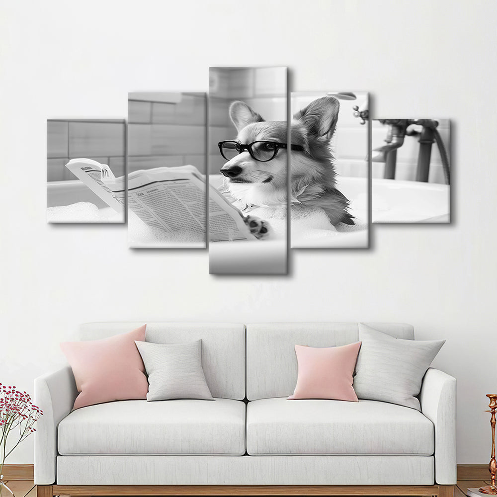 Corgi in Bathtub Mixed Canvas Print Wall Art, Dog Reading Newspaper in Bubble Bath Black and White, Bathroom Wall Decor