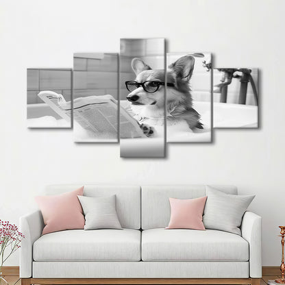 Corgi in Bathtub Mixed Canvas Print Wall Art, Dog Reading Newspaper in Bubble Bath Black and White, Bathroom Wall Decor