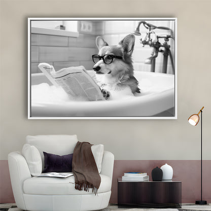 Corgi in Bathtub Framed Canvas Print Wall Art, Dog Reading Newspaper in Bubble Bath Black and White, Bathroom Wall Decor