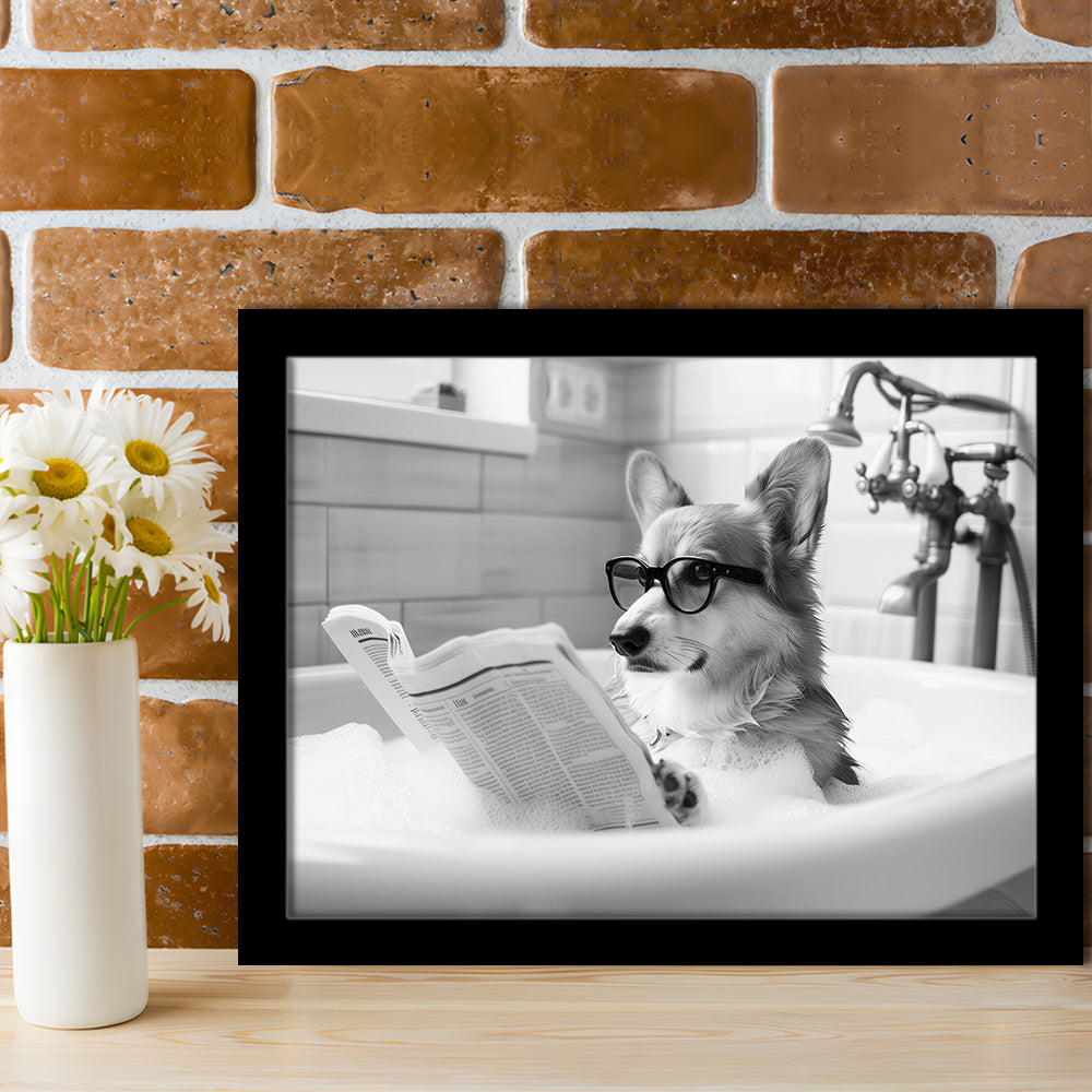 Corgi in Bathtub Framed Art Print Wall Decor, Dog Reading Newspaper in Bubble Bath Black and White, Bathroom Wall Decor