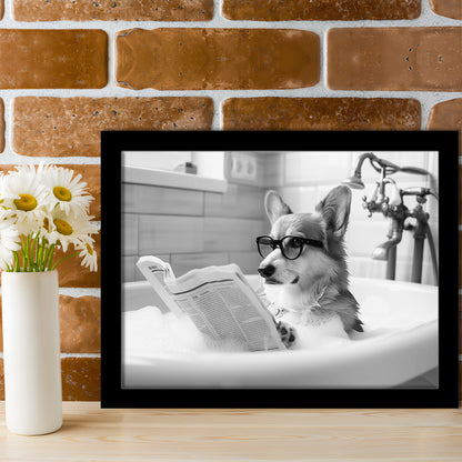 Corgi in Bathtub Framed Art Print Wall Decor, Dog Reading Newspaper in Bubble Bath Black and White, Bathroom Wall Decor