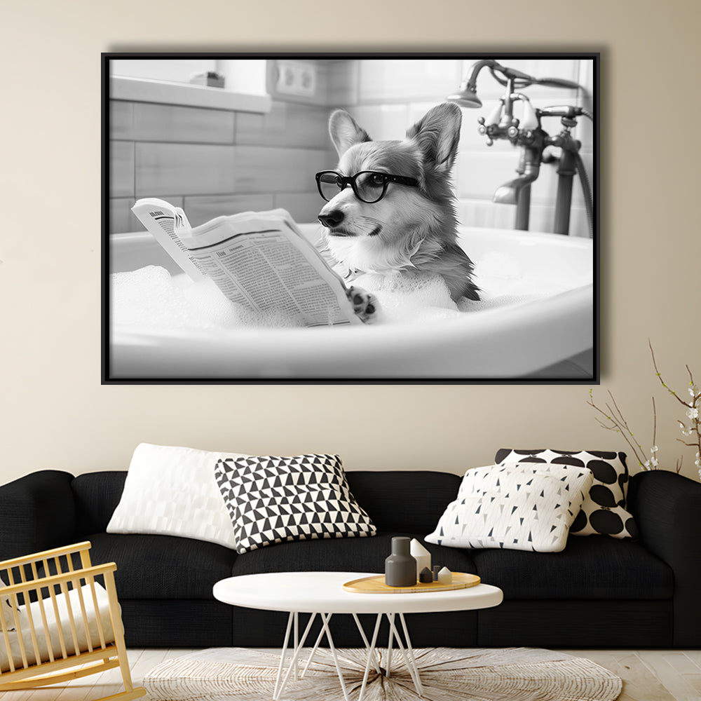 Corgi in Bathtub Framed Canvas Print Wall Art, Dog Reading Newspaper in Bubble Bath Black and White, Bathroom Wall Decor
