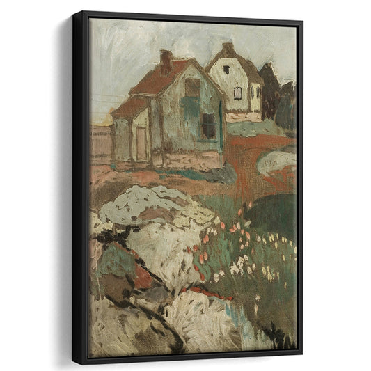 Cottage Core Decor Landscape Oil Painting Neutral Framed Canvas Print Wall Art, Moody Print Wall Art