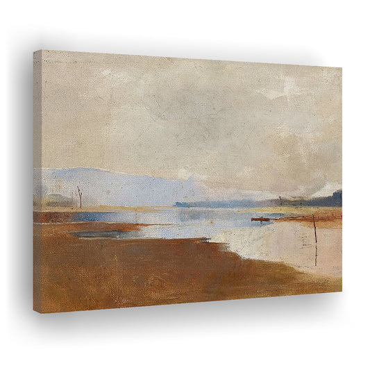 Cottage Core Decor Vintage Landscape Painting Neutral Canvas Print Wall Art, Rustic Fine Art