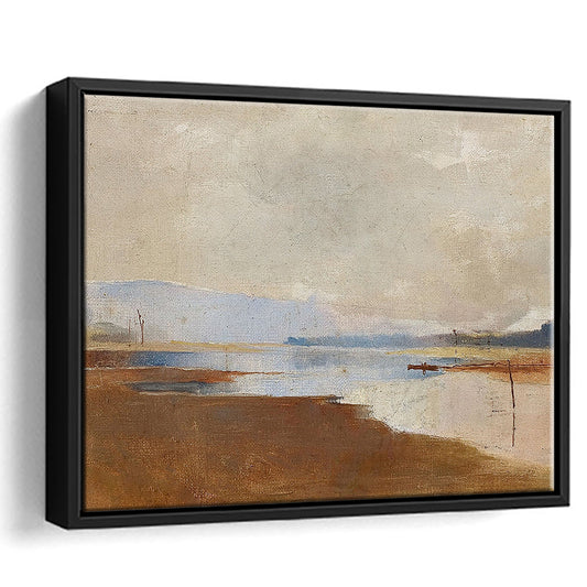 Cottage Core Decor Vintage Landscape Painting Neutral Framed Canvas Print Wall Art, Rustic Fine Art