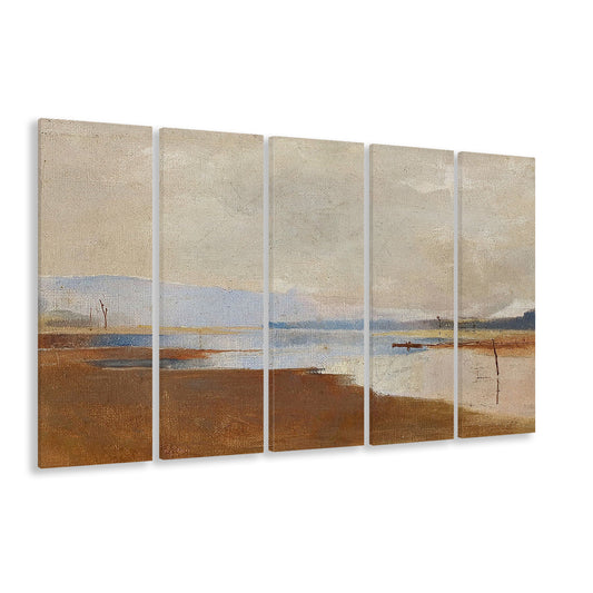 Cottage Core Decor Vintage Landscape Painting Neutral 5 Panels Canvas Print Wall Art, Rustic Fine Art
