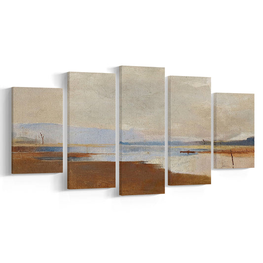Cottage Core Decor Vintage Landscape Painting Neutral Mixed Canvas Print Wall Art, Rustic Fine Art