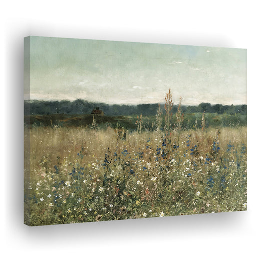 Cottagecore Decor Oil Painting Meadow Landscape Vintage Muted Flower Field Canvas Print Wall Art