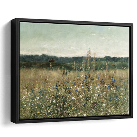 Cottagecore Decor Oil Painting Meadow Landscape Vintage Muted Flower Field Framed Canvas Print Wall Art
