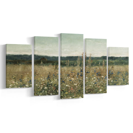 Cottagecore Decor Oil Painting Meadow Landscape Vintage Muted Flower Field Mixed Canvas Print Wall Art