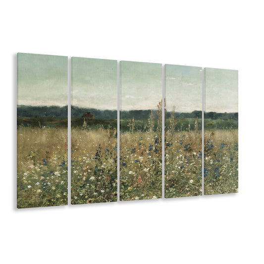 Cottagecore Decor Oil Painting Meadow Landscape Vintage Muted Flower Field 5 Panels Canvas Print Wall Art