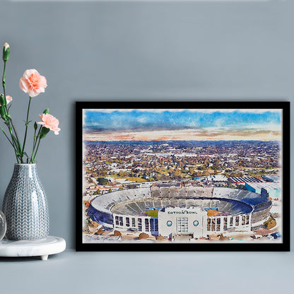 Cotton Bowl Painting Stadium Watercolor, Dallas Texas Watercolor, Sport Gift Art, Framed Art Print Wall Decor