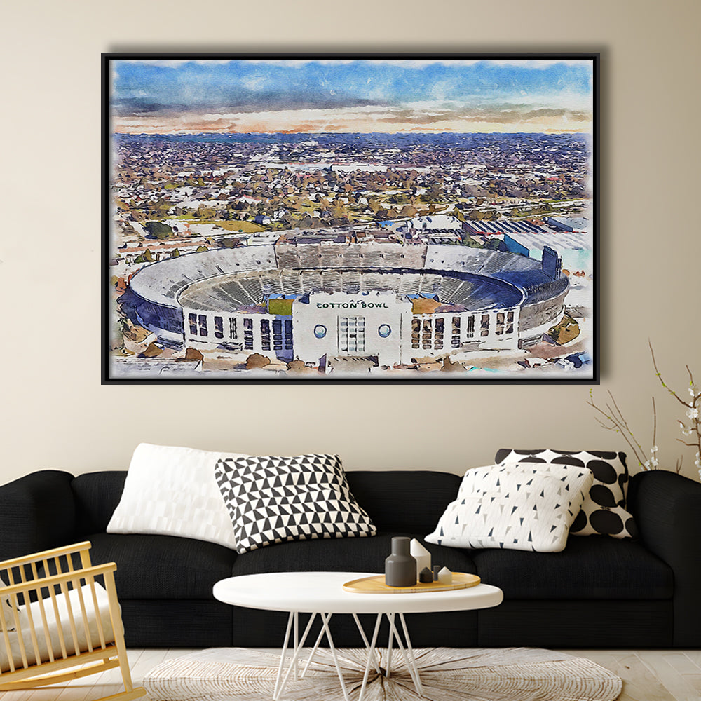 Cotton Bowl Painting Stadium Watercolor, Dallas Texas Watercolor, Sport Gift Art, Framed Canvas Print Wall Art