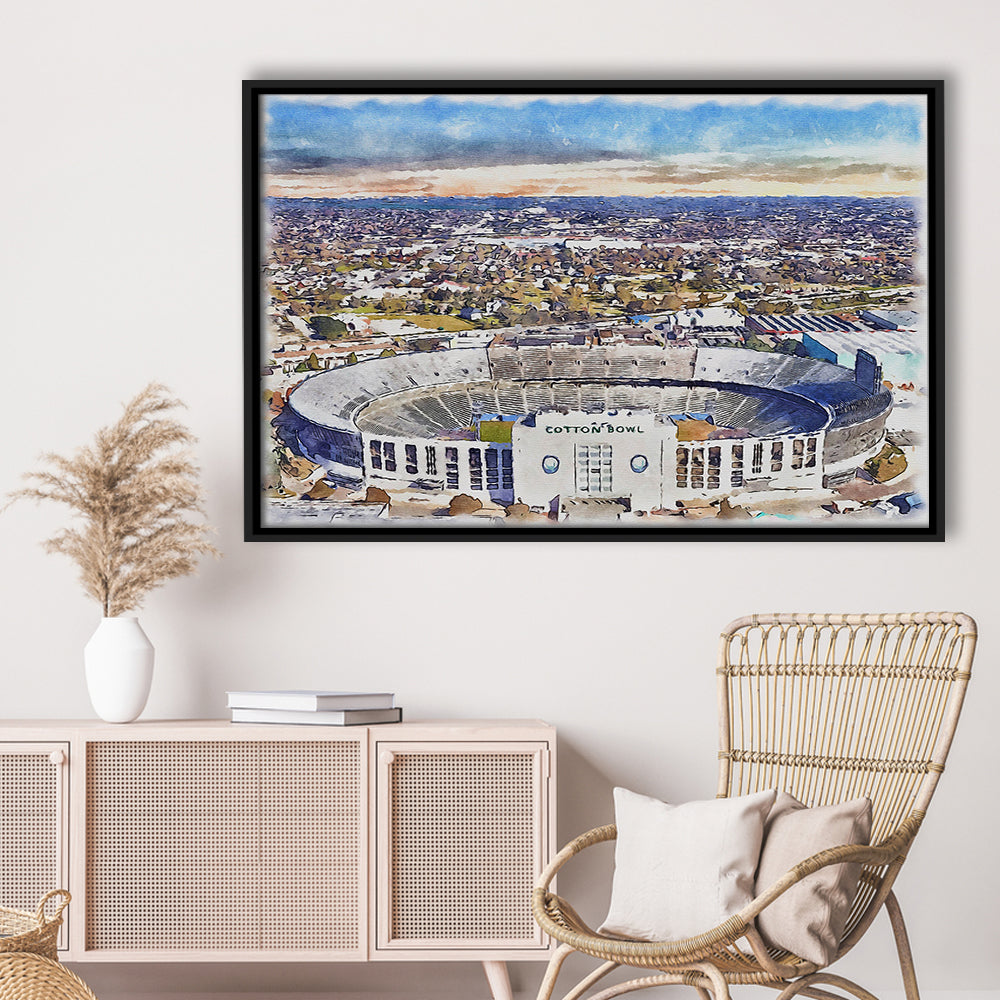 Cotton Bowl Painting Stadium Watercolor, Dallas Texas Watercolor, Sport Gift Art, Framed Canvas Print Wall Art