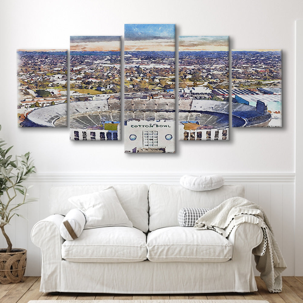 Cotton Bowl Painting Stadium Watercolor, Dallas Texas Watercolor, Sport Art, Mixed 5 Panel, Canvas Print Wall Art