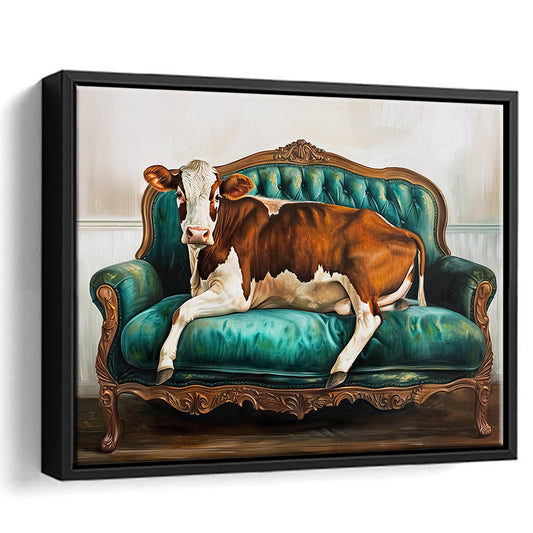 Cow Art Print,Farmhouse Decor,Wall Art,Vintage Print,Funny Cow Print, Framed Canvas Print Wall Art, Floating Frame