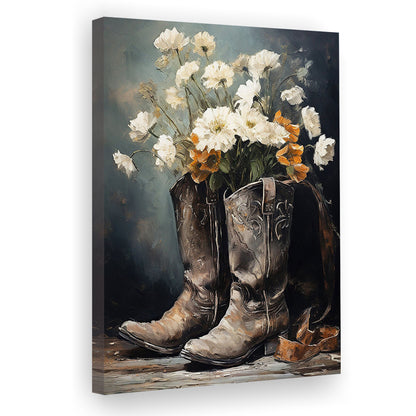 Cowboy Boots Flowers Still Life Art Print Vintage Country Antique Art, Canvas Print Wall Art, Wall Decor, Painting Canvas