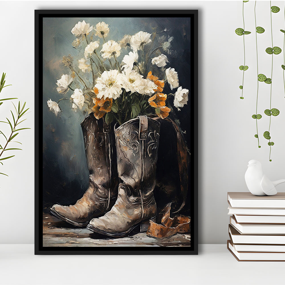 Cowboy Boots Flowers Still Life Art Print Vintage Country Antique Art, Framed Canvas Print Wall Art, Floating Frame