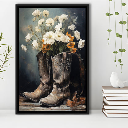 Cowboy Boots Flowers Still Life Art Print Vintage Country Antique Art, Framed Canvas Print Wall Art, Floating Frame