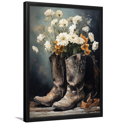 Cowboy Boots Flowers Still Life Art Print Vintage Country Antique Art, Framed Art Print Wall Decor, Picture Framed