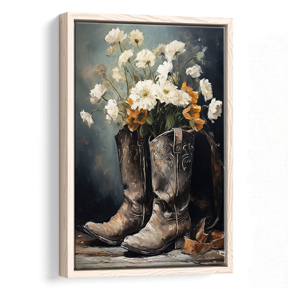 Cowboy Boots Flowers Still Life Art Print Vintage Country Antique Art, Framed Canvas Print Wall Art, Floating Frame